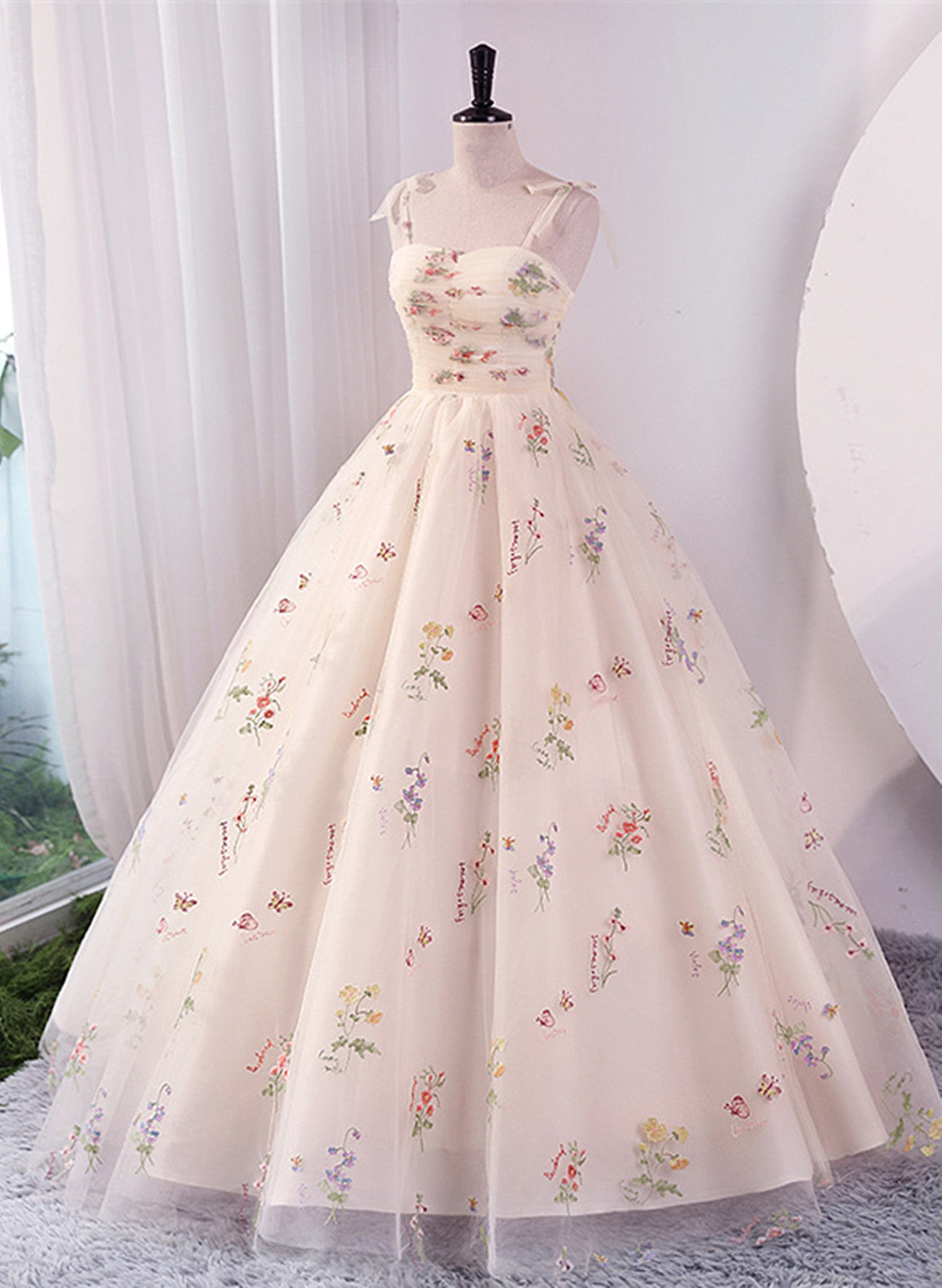Ivory Floral Tulle Sweetheart Straps Long Party Dress, Ball Gown Sweet 16 Dress