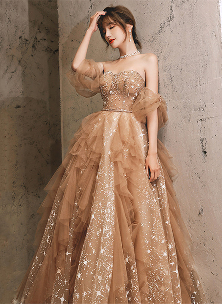 Champagne A-line Beaded Tulle Long Tulle Prom Dress, Champagne Evening