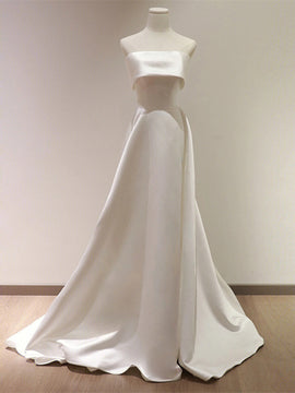 Chic Ivory Satin Scoop Long Wedding Party Dress, Ivory Satin Prom Dress Evening Dress