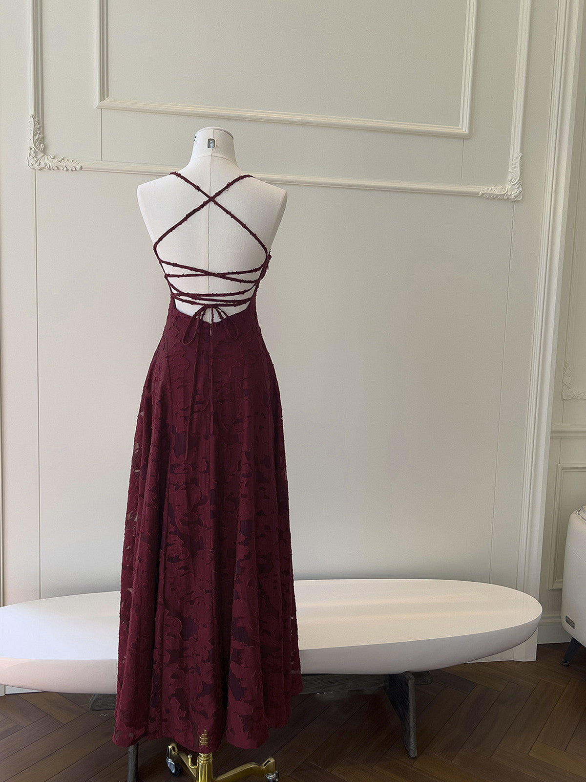 Wine Red Lace Cross Back Party Dress Prom Dress, Wine Red A-line Evening Dress