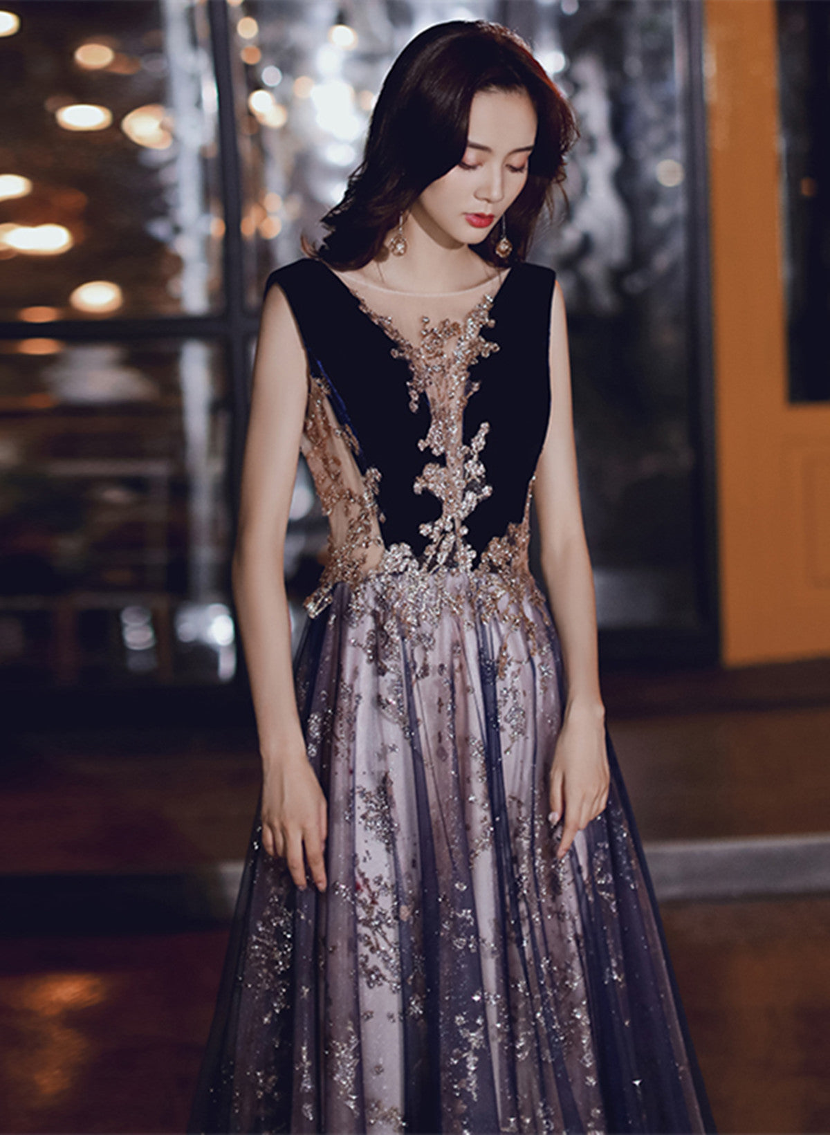 A-line Tulle and Velvet Long Party Dress, Long Evening Dress with Lace ...
