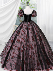 Black Tulle and Satin Short Sleeves Sweetheart Party Dress, Black Long Prom Dress Sweet 16 Dress