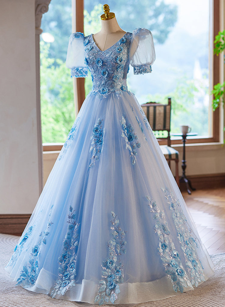 A-line Light Blue Tulle with Lace Short Sleeves Prom Dress, Tulle Even