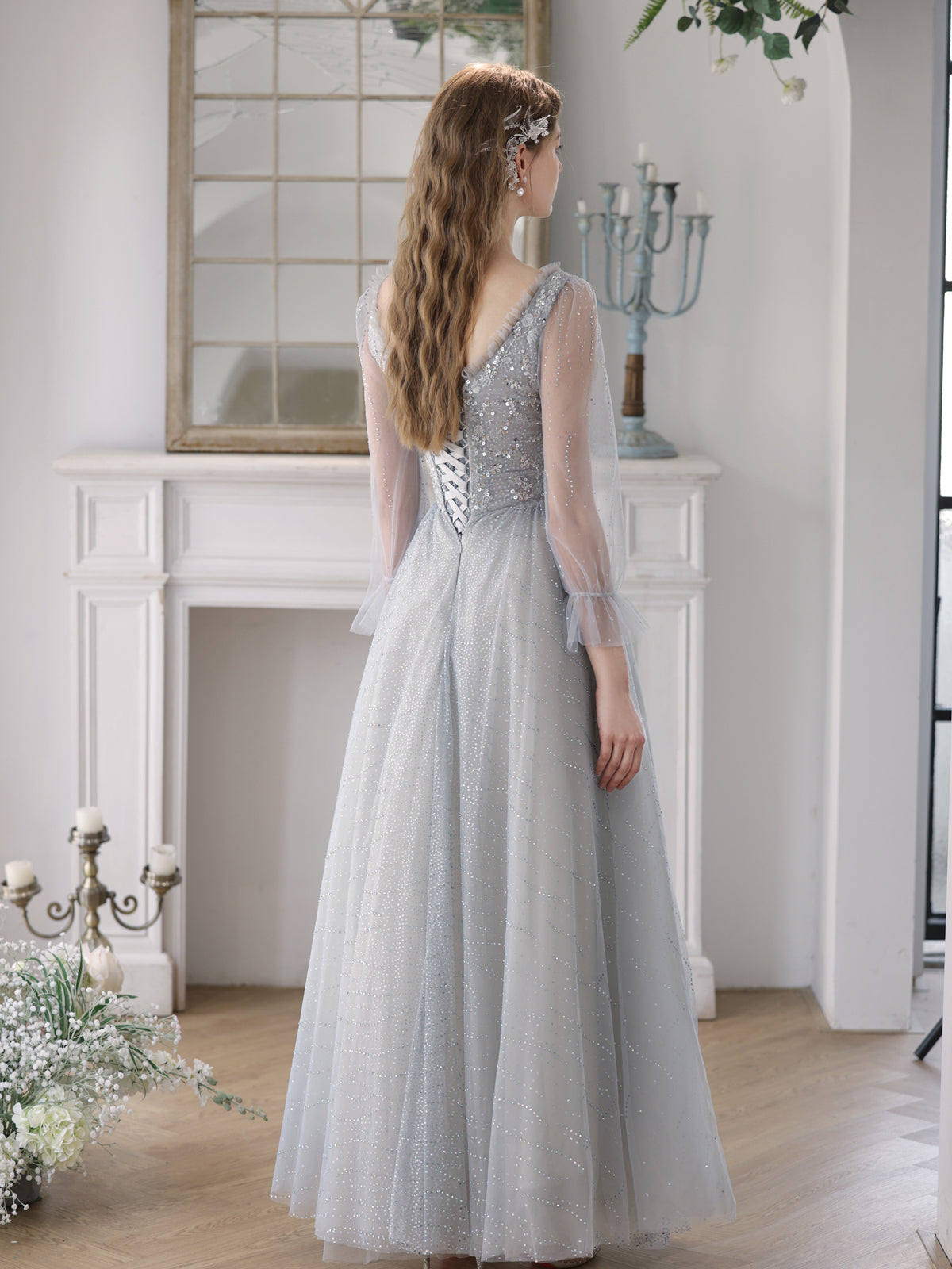Light Grey Tulle V-neckline Beaded Long Party Dress, Grey Tulle Prom Dress Evening Dress Light Grey Tulle V-neckline Beaded Long Party Dress, Grey Tulle Prom Dress Evening Dress