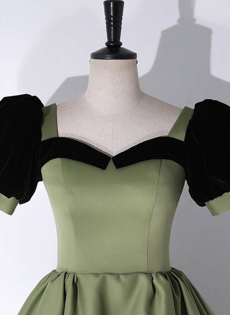Green Satin Straps Long Evening Dress Prom Dress, Green Satin Scoop Evening Dress