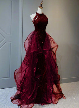 Wine Red Sequins with Tulle Long Party Dress, Wine Red Halter Evening Dress