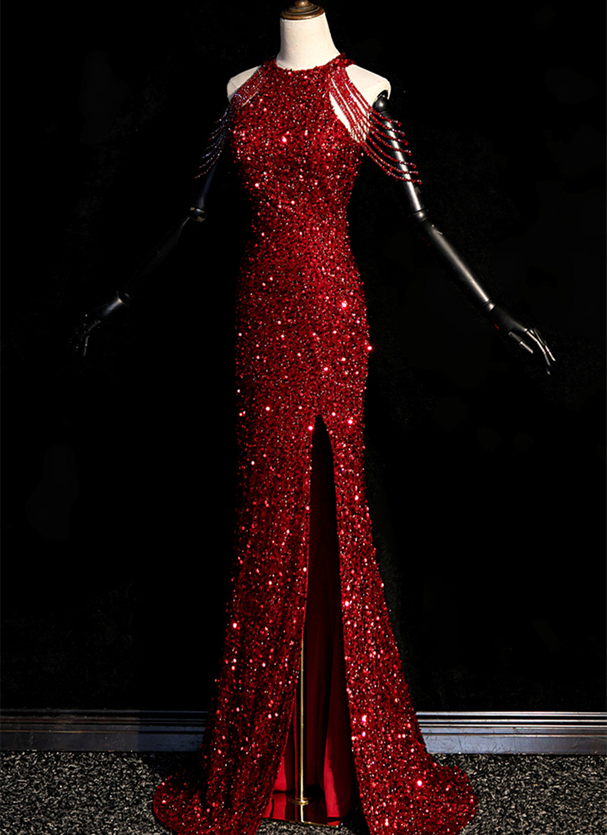 Wine Red Sequins Beaded Halter Long Formal Dress, Wine Red Sequins Prom Dress with Leg Slit