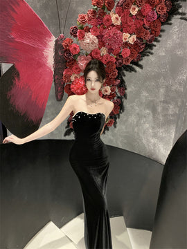 Black Sweetheart Strapless Long Formal Dress Evening Dress, Black Velvet Prom Dress