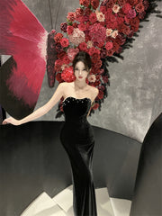 Black Sweetheart Strapless Long Formal Dress Evening Dress, Black Velvet Prom Dress