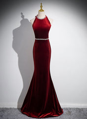 Wine Red Mermaid Long Velvet Long Party Dress, Wine Red Evening Dress Prom Dress