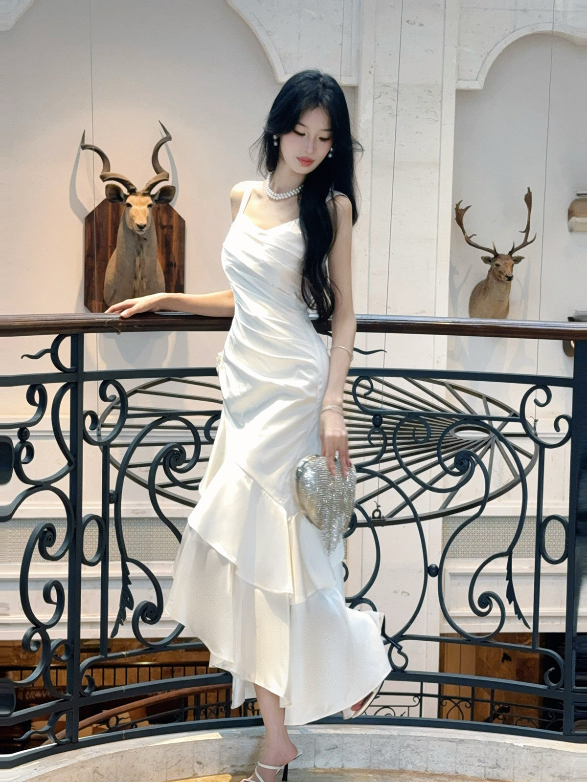 Elegant White Satin High Low Party Dress with Ruching and Tiered Ruffle, White Formal Dresses