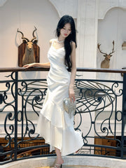 Elegant White Satin High Low Party Dress with Ruching and Tiered Ruffle, White Formal Dresses