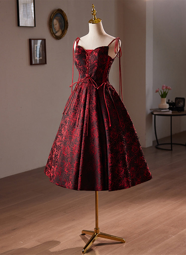Wine Red Soft Satin Straps V-neckline Party Dress, Wine Red Evening Dress