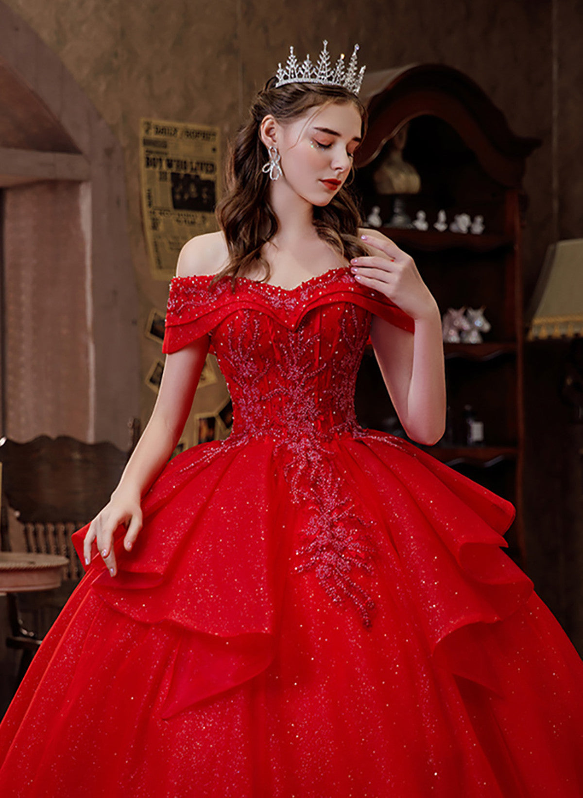 Red Sweetheart Shiny Tulle Ball Gown Long Formal Dress, Red Tulle Swee – Cutedressy Red Sweetheart Shiny Tulle Ball Gown Long Formal Dress, Red Tulle Swee – Cutedressy