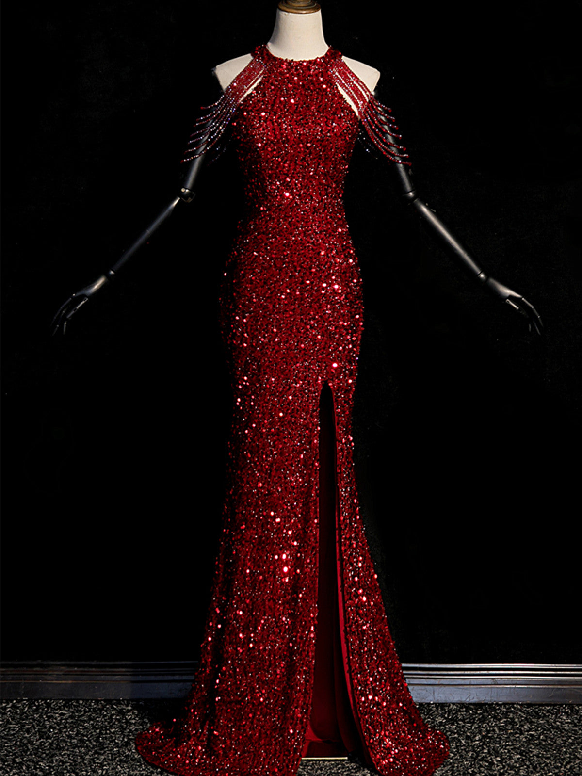 Wine Red Sequins Beaded Halter Long Formal Dress, Wine Red Sequins Prom Dress with Leg Slit