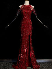 Wine Red Sequins Beaded Halter Long Formal Dress, Wine Red Sequins Prom Dress with Leg Slit