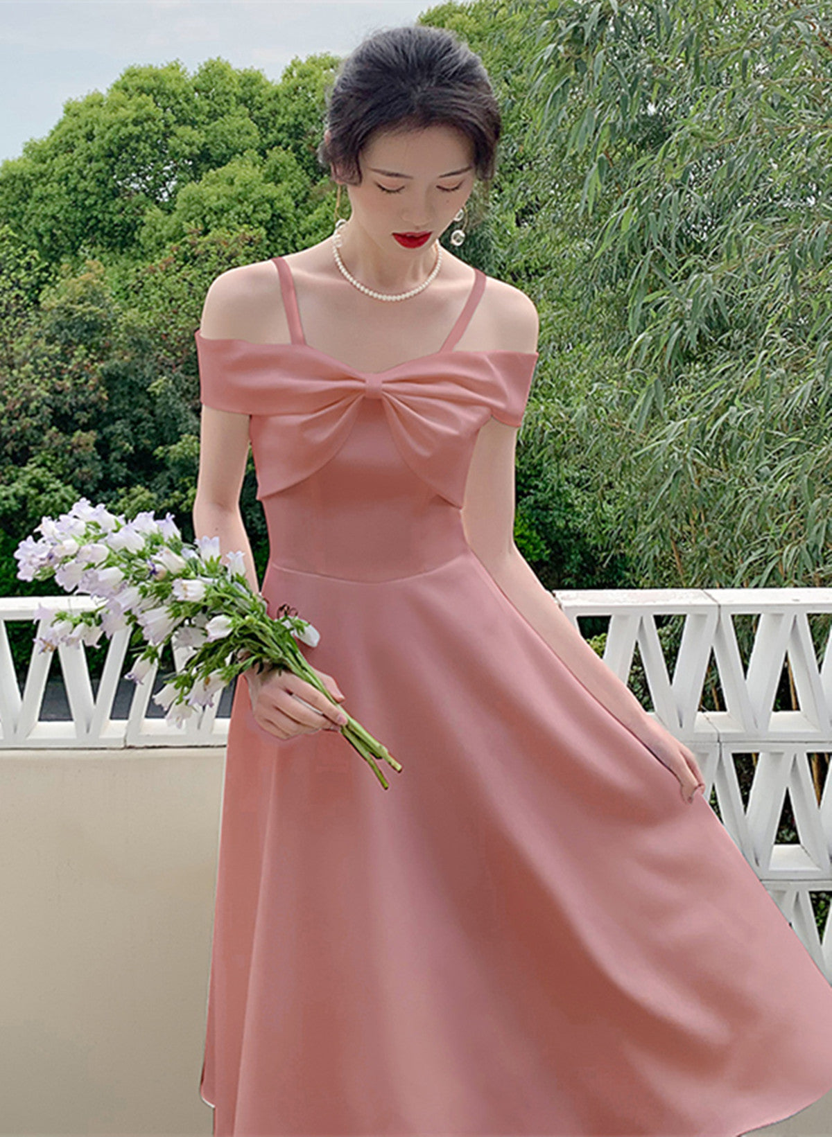 Cute Pink Tea Length Off Shoulder Wedding Party Dress, Pink Short Party Dress
