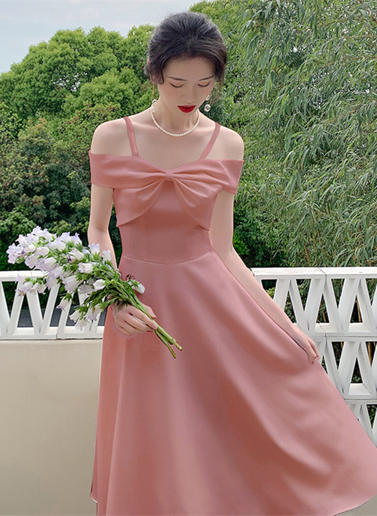 Cute Pink Tea Length Off Shoulder Wedding Party Dress, Pink Short Party Dress Cute Pink Tea Length Off Shoulder Wedding Party Dress, Pink Short Party Dress