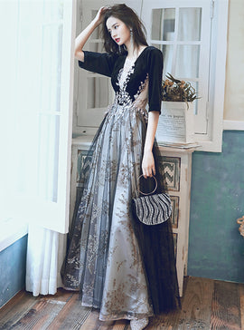A-line Black Tulle and Velvet Long Party Dress, Black Prom Dress with Lace Applique