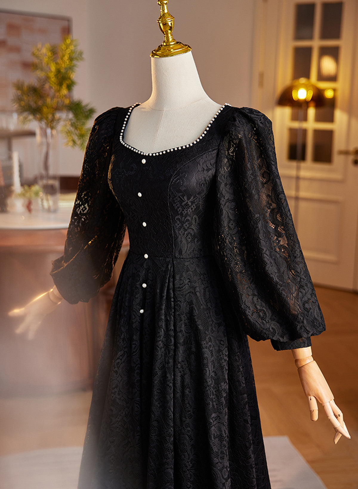 Black Long Sleeves Lace A-line Party Dress, Black Lace Wedding Party Dress