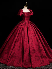 Wine Red Short Sleeves Floral Satin Scoop Party Dress, Wine Red Satin Evening Dress