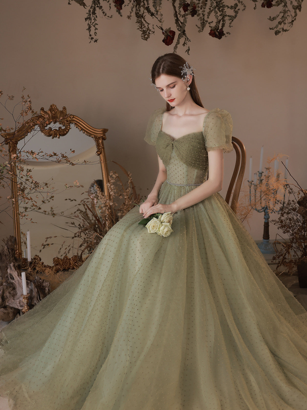 A-line Green Off Shoulder Tulle Long Party Dress, Green Simple Floor L Cutedressy A-line Green Off Shoulder Tulle Long Party Dress, Green Simple Floor L Cutedressy
