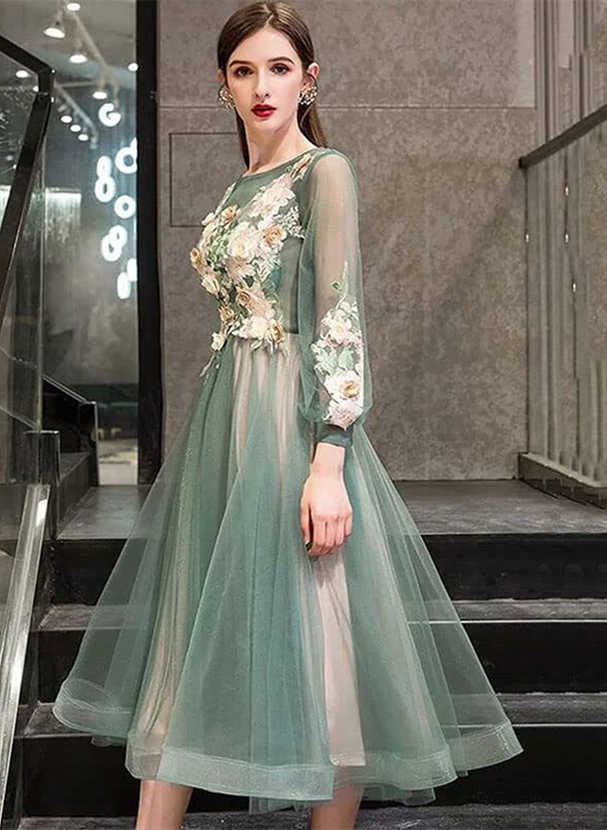 Green Round Neckline Tea Length Floral Wedding Party Dress, Green Prom Dress Green Round Neckline Tea Length Floral Wedding Party Dress, Green Prom Dress