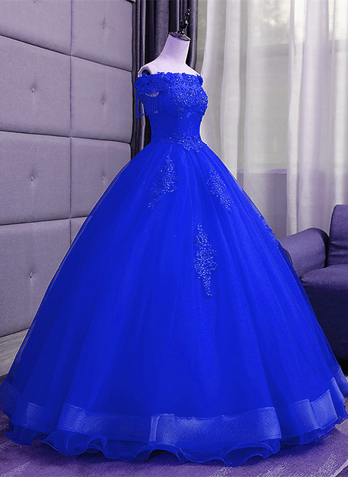 Royal Blue Sequins Beaded Tulle Sweet 16 Dress, Royal Blue Long Formal Dress