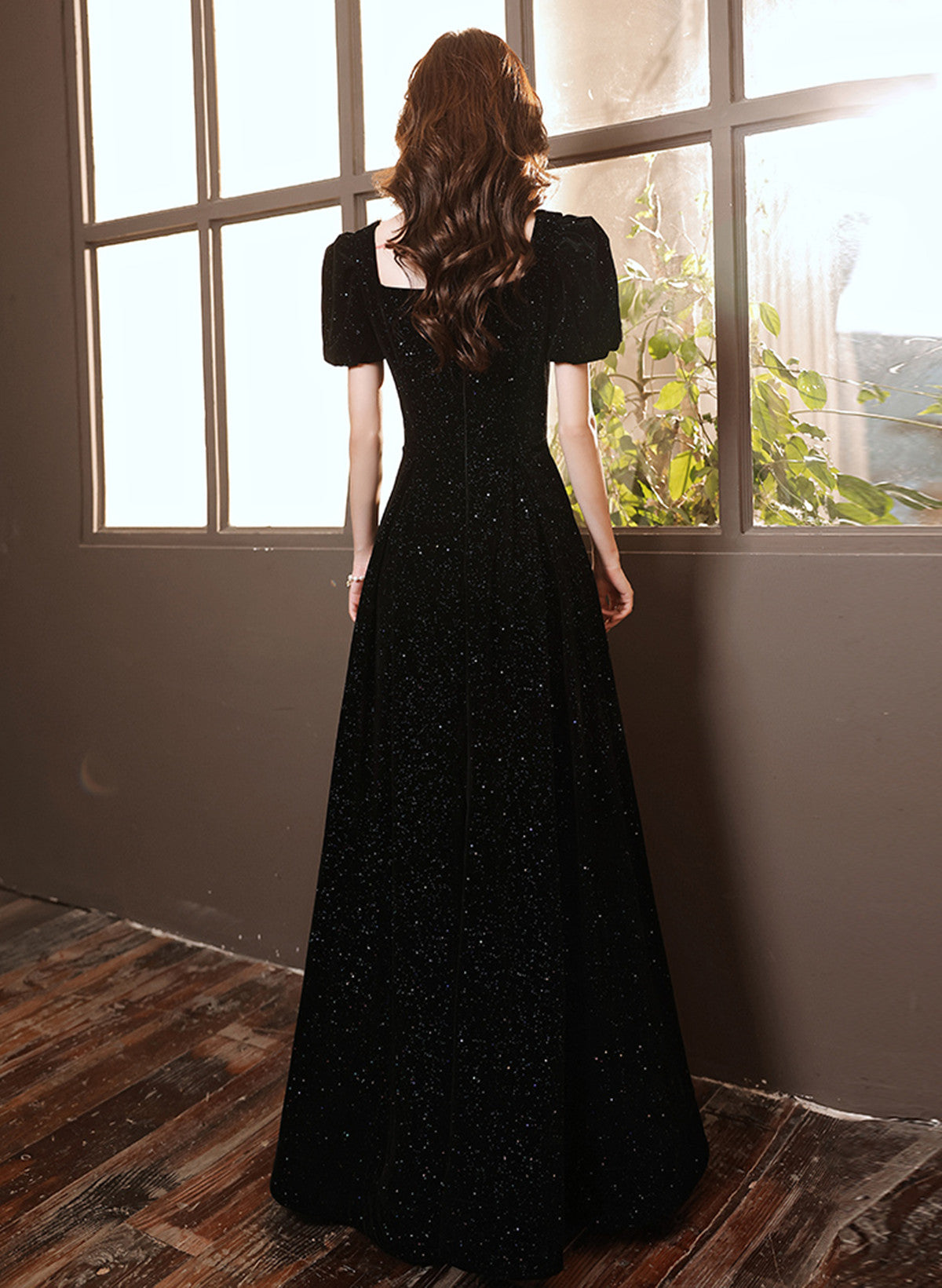 Black A-line Velvet Long Formal Dress, Black Sweetheart Long Prom Dress