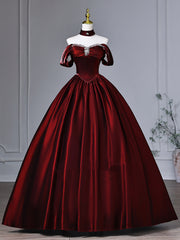 Wine Red Beaded Sweetheart Off Shoulder Prom Dress, Wine Red Satin Sweet 16 Dress