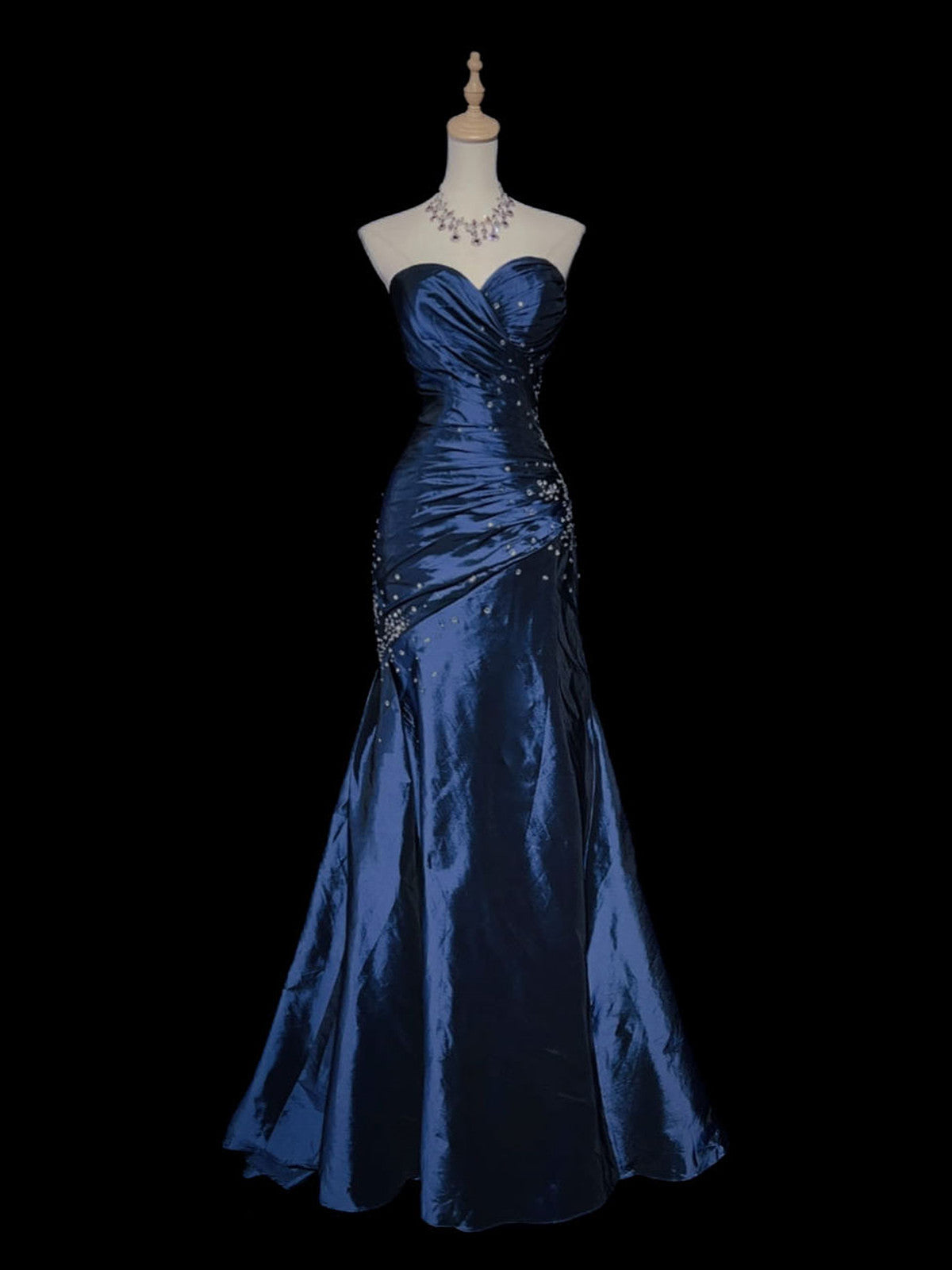 Blue Taffeta Beaded Sweetheart Long Party Dress, Mermaid Strapless Long Prom Dress 