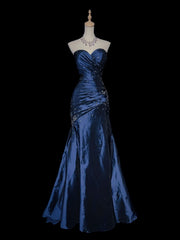 Blue Taffeta Beaded Sweetheart Long Party Dress, Mermaid Strapless Long Prom Dress 