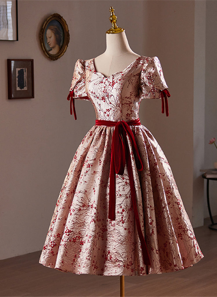 Cute Short Floral Satin Party Dress Homecoming Dress, Satin Evening Dr