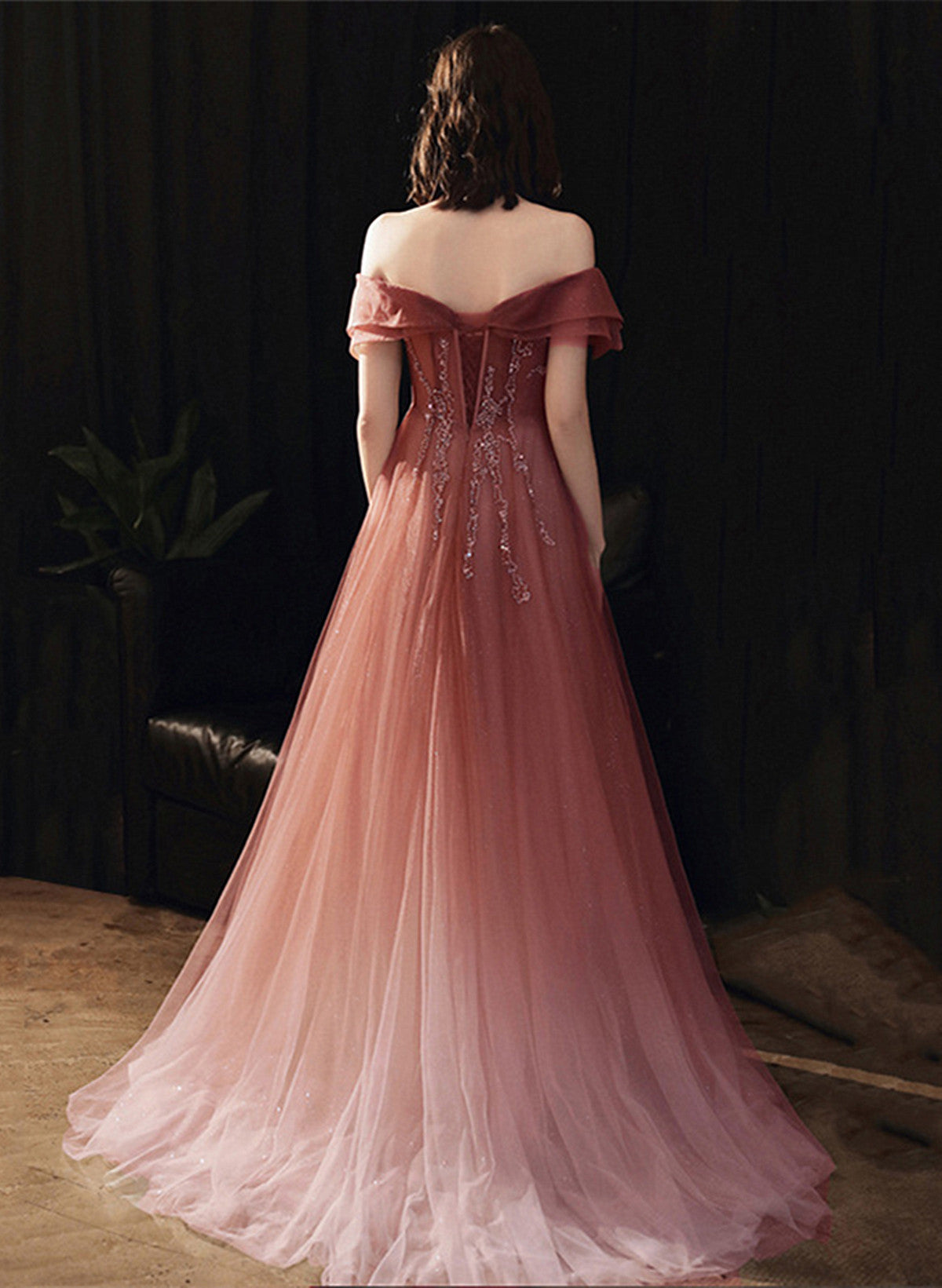 Pink Gradient Tulle Beaded Off Shoulder Party Dress, Pink Long Formal Dress Prom Dress