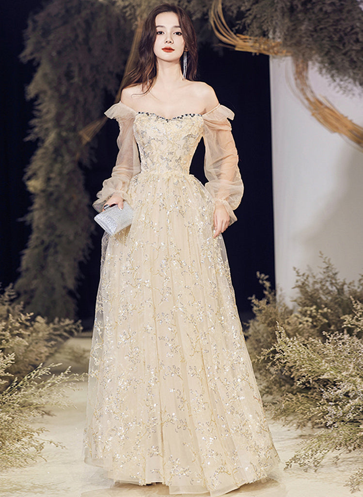 Champagne Long Sleeves Tulle Sweetheart Prom Dress, A-line Tulle Eveni