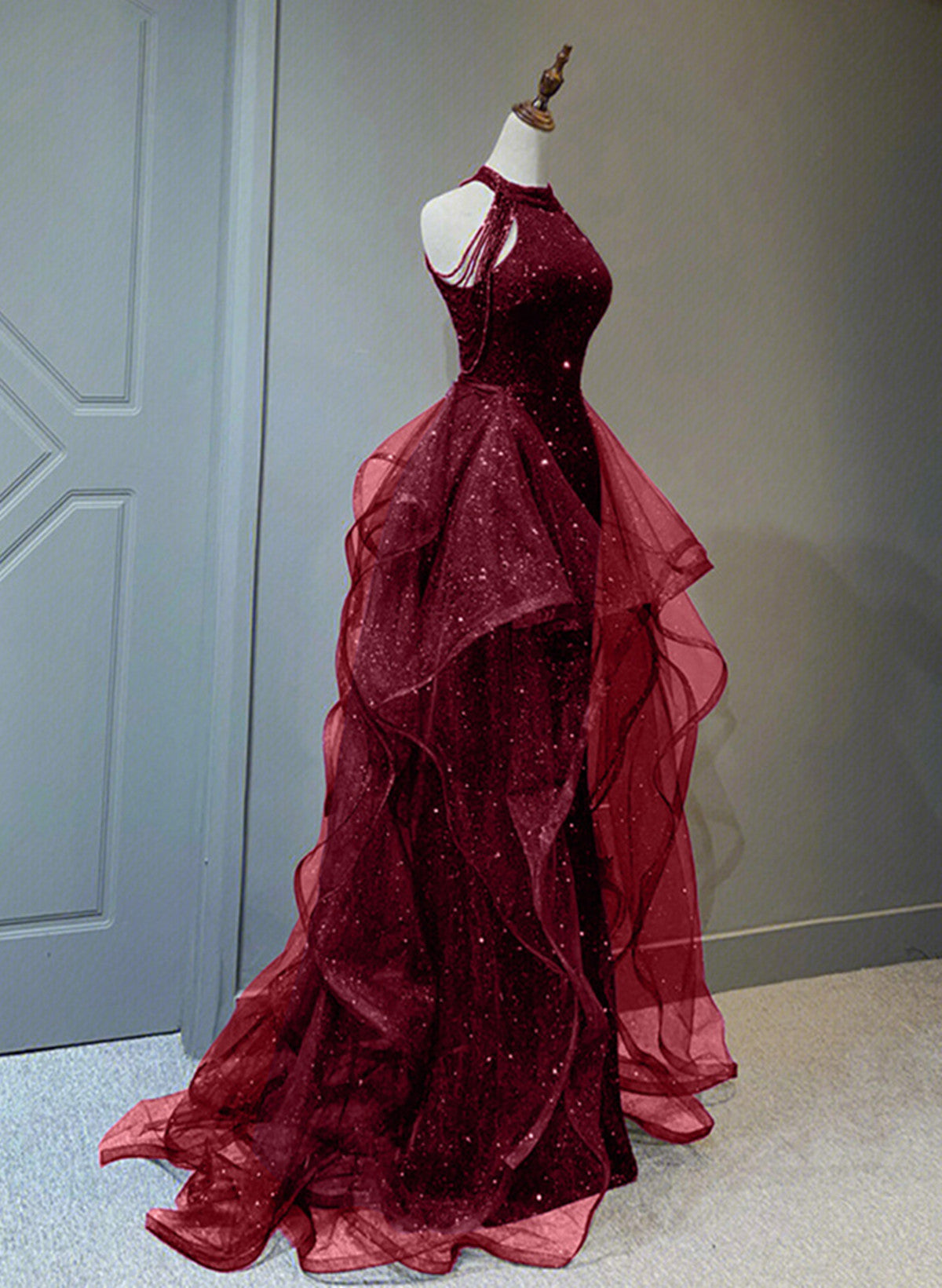 Wine Red Sequins with Tulle Long Party Dress, Wine Red Halter Evening Cutedressy Wine Red Sequins with Tulle Long Party Dress, Wine Red Halter Evening Cutedressy
