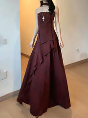 A-line Maroon Chiffon Straps Floor Length Party Dress, Maroon Chiffon Prom Dress