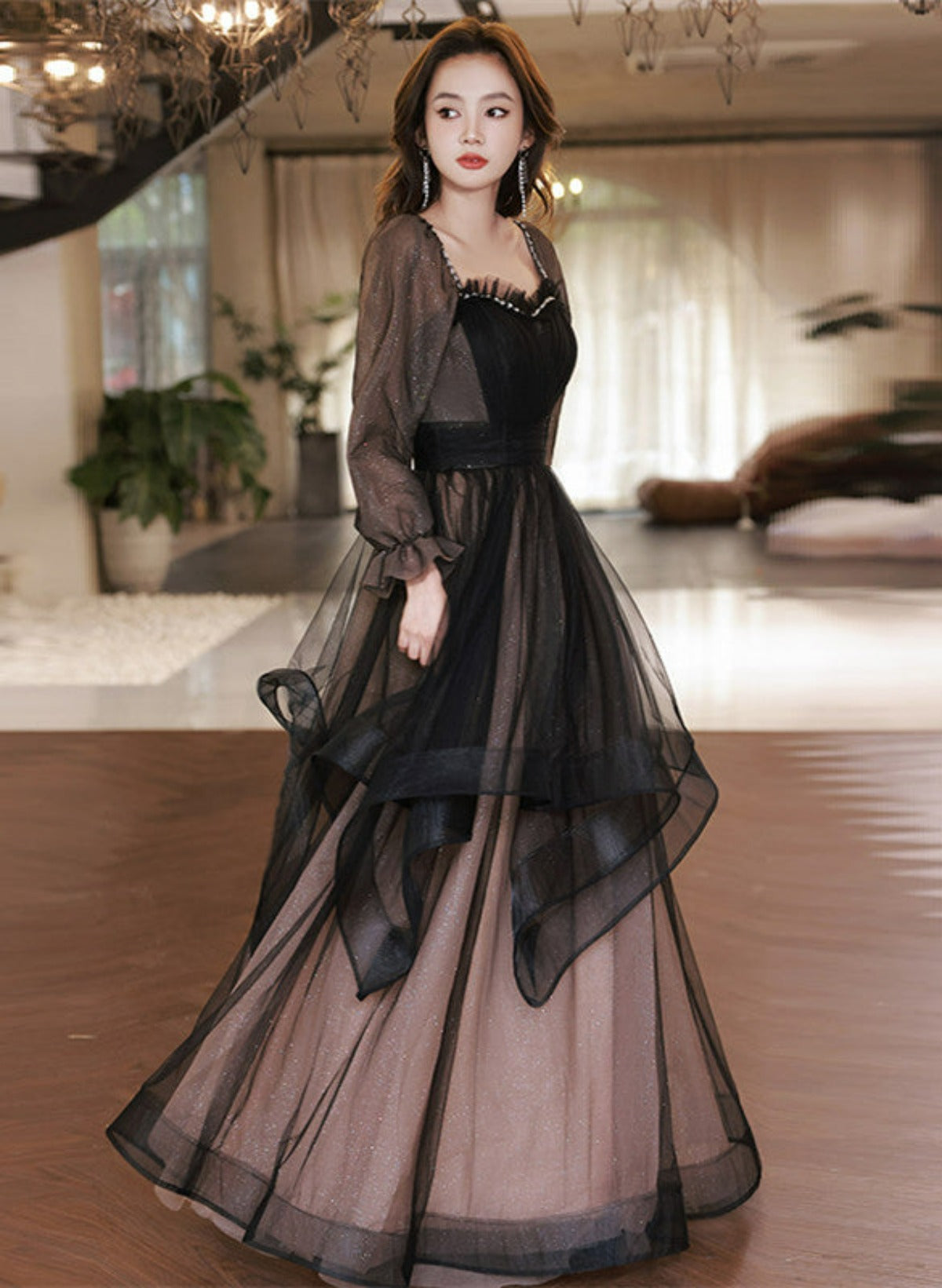 Black Long Sleeves Tulle Sweetheart Party Dress, A-line Black Evening Dress Prom Dress