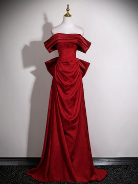 Wine Red Floral Satin Off Shoulder Prom Dress with Bow, Wine Red Satin Evening Dress