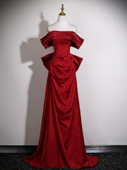 Wine Red Floral Satin Off Shoulder Prom Dress with Bow, Wine Red Satin Evening Dress