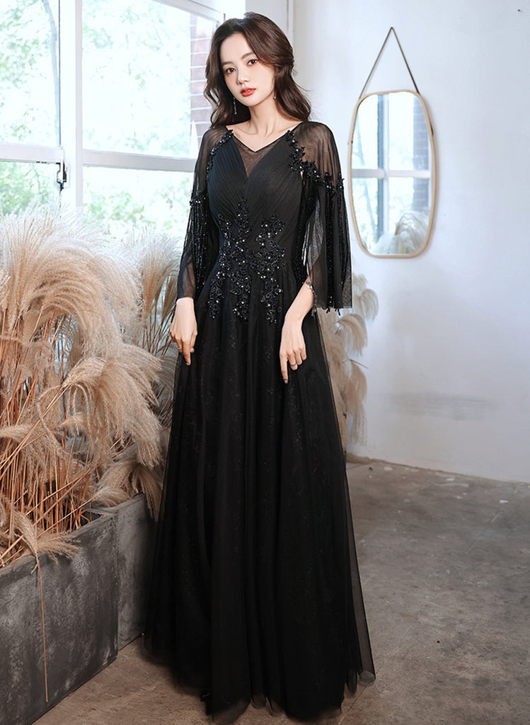 A-line Black Tulle Beaded Long Formal Dress, Black Tulle Prom Dress Ev