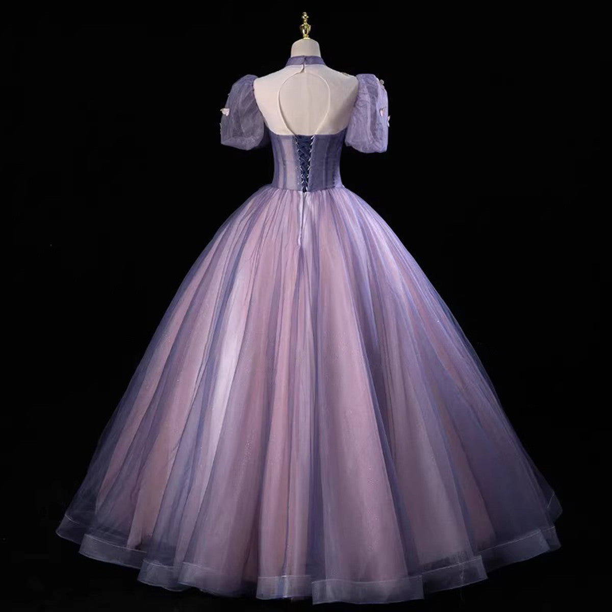 Purple and Pink Tulle High Neckline Long Party Dress, Ball Gown Tulle Sweet 16 Dress