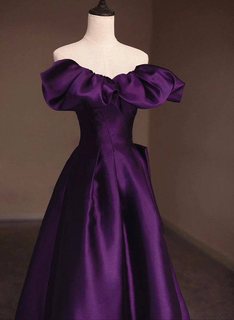 Dark Purple Satin Off Shoulder Long Prom Dress, Purple Satin Evening D