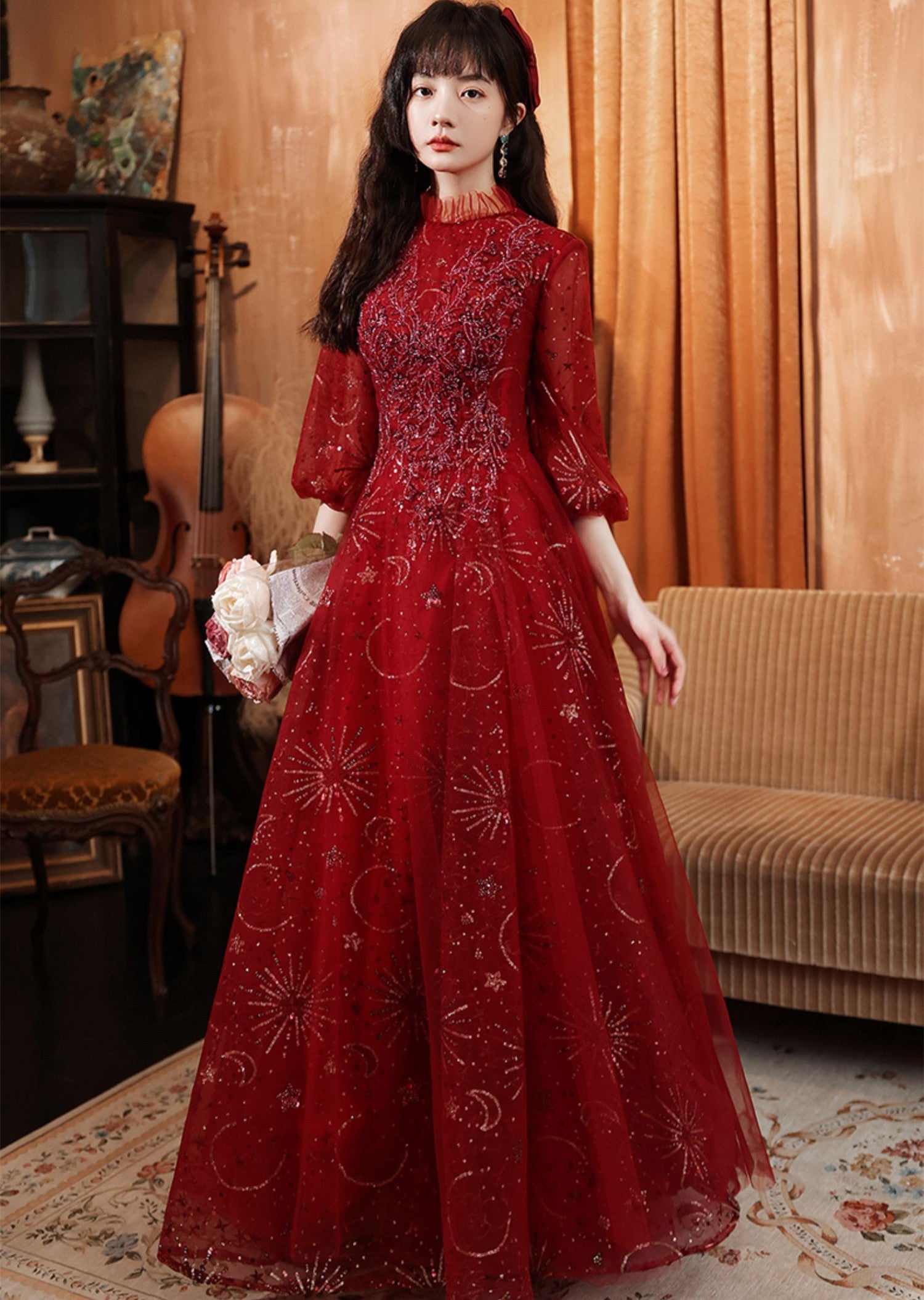A-line Wine Red Tulle Puffy Sleeves Long Party Dress, Wine Red Long Prom Dress
