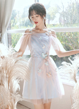 Cute Tulle Short Blue and Pink Party Dress, A-line Off Shoulder Homecoming Dress