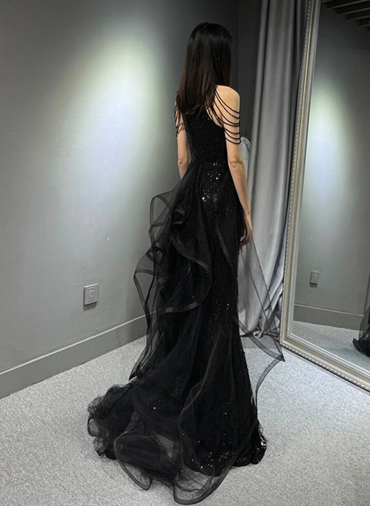 Black Halter A-line Tulle and Sequins Evening Dress, Black Long Prom Dress Party Dress