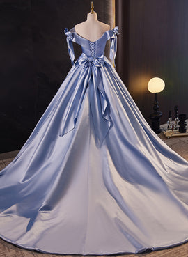 Glam Blue Satin Off Shoulder Long Party Dress Formal Dress, Blue Sweet 16 Dress
