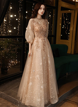 Champagne A-line High Neckline Long Party Dress, Champagne Tulle Long Prom Dress
