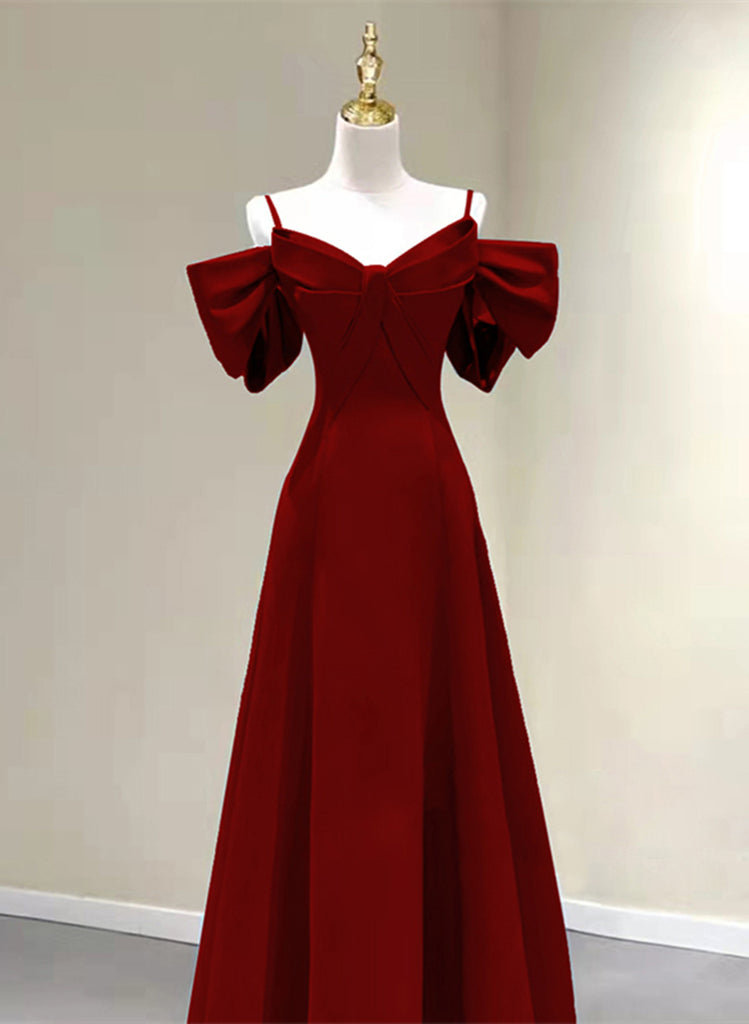 Wine Red Satin Long Formal Dress, Strapless Wine Red A-line Prom Dress