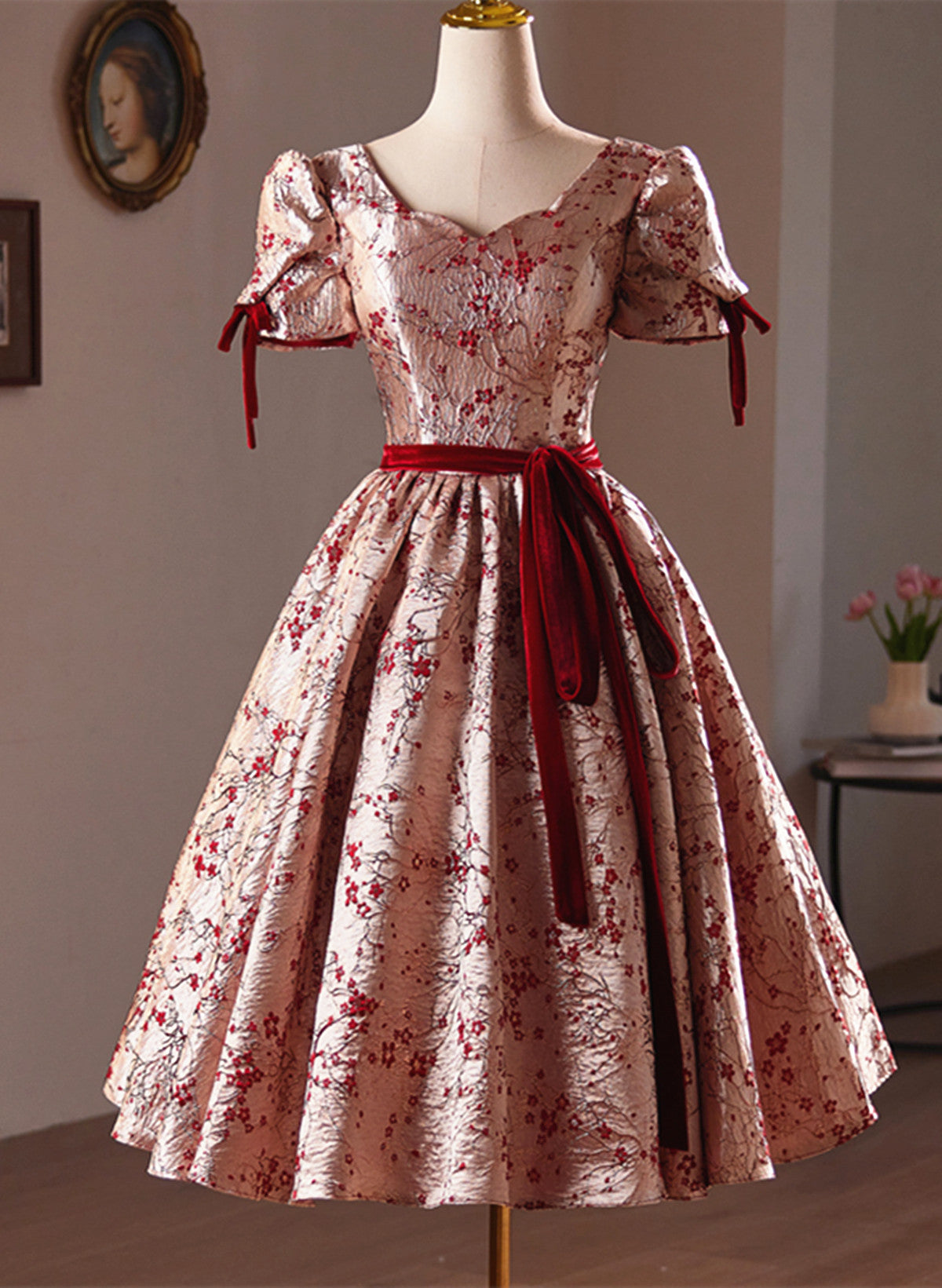 Cute Short Floral Satin Party Dress Homecoming Dress, Satin Evening Dress